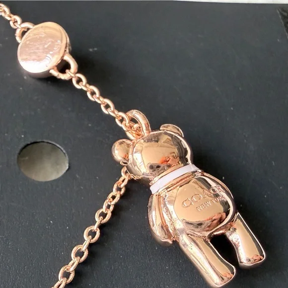 Coach 3D Teddy Bear Charm Necklace in Rose Gold and Gold - Picture 5 of 8